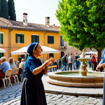 A diverse group of Italians, fully clothed in modest, everyday attire, joyfully participating in a lively community gathering. The setting is a charming Italian piazza, featuring a clean stone fountain and blooming flowers. People are sharing a meal prepared with fresh, locally sourced ingredients at a long communal table, while others engage in cheerful conversations and gentle, traditional folk dancing. Children play safely in a designated area. The atmosphere is warm, inviting, and bathed in natural light. perfect anatomy, correct proportions, natural poses, well-formed hands, proper finger count, natural body proportions, professional photography, high quality, safe for work, appropriate content, fully clothed, family-friendly.