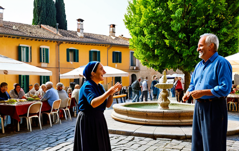 A diverse group of Italians, fully clothed in modest, everyday attire, joyfully participating in a lively community gathering. The setting is a charming Italian piazza, featuring a clean stone fountain and blooming flowers. People are sharing a meal prepared with fresh, locally sourced ingredients at a long communal table, while others engage in cheerful conversations and gentle, traditional folk dancing. Children play safely in a designated area. The atmosphere is warm, inviting, and bathed in natural light. perfect anatomy, correct proportions, natural poses, well-formed hands, proper finger count, natural body proportions, professional photography, high quality, safe for work, appropriate content, fully clothed, family-friendly.