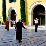 A diverse group of Italian citizens, including professionals, families, and elderly individuals, engaged in positive community interaction within a vibrant, sunlit Italian piazza. They are fully clothed in modest, appropriate attire, reflecting a blend of regional culture and modern professional dress. The background features a blend of historical Italian architecture with lush green spaces and subtly integrated eco-friendly elements like public art or shared gardens. The scene conveys a strong sense of community vitality, ecological balance, and good governance, embodying the concept of "Benessere Equo e Sostenibile" (BES). Perfect anatomy, correct proportions, natural pose, well-formed hands, proper finger count, natural body proportions, professional photography, high quality, safe for work, appropriate content, fully clothed, family-friendly.