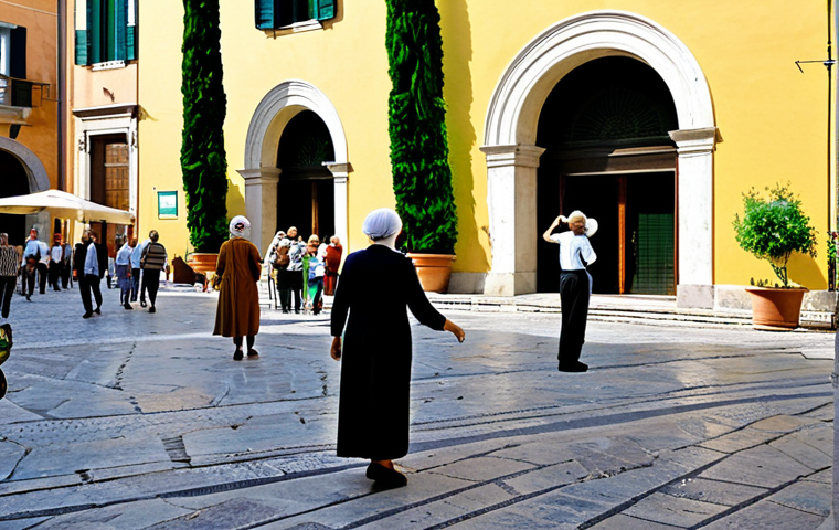 A diverse group of Italian citizens, including professionals, families, and elderly individuals, engaged in positive community interaction within a vibrant, sunlit Italian piazza. They are fully clothed in modest, appropriate attire, reflecting a blend of regional culture and modern professional dress. The background features a blend of historical Italian architecture with lush green spaces and subtly integrated eco-friendly elements like public art or shared gardens. The scene conveys a strong sense of community vitality, ecological balance, and good governance, embodying the concept of "Benessere Equo e Sostenibile" (BES). Perfect anatomy, correct proportions, natural pose, well-formed hands, proper finger count, natural body proportions, professional photography, high quality, safe for work, appropriate content, fully clothed, family-friendly.