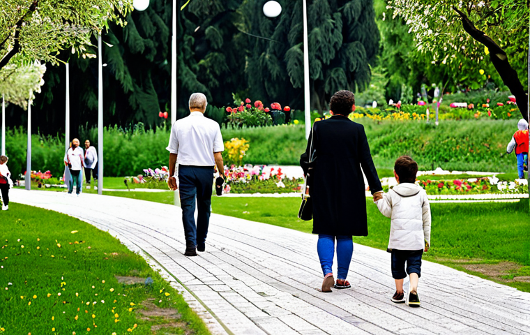 A diverse group of people, including adults and children, enjoying a serene public park in a modern Italian city. They are fully clothed in comfortable, modest, everyday attire. The park features lush greenery, blooming flowers, clean pathways, and sustainable design elements, with warm natural light creating a tranquil atmosphere. The background subtly includes contemporary, eco-friendly urban architecture, blending nature and city life harmoniously. Professional photography, high resolution, perfect anatomy, correct proportions, natural poses, well-formed hands, proper finger count, safe for work, appropriate content, fully clothed, family-friendly.
